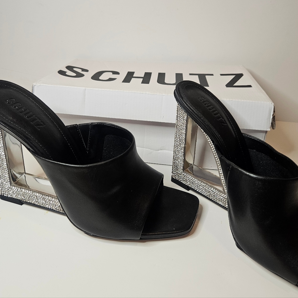 NEW IN BOX | Schutz Filipa Glam Wedge Mule Sandals - Black/Silver - 9.5 - Picture 2 of 10
